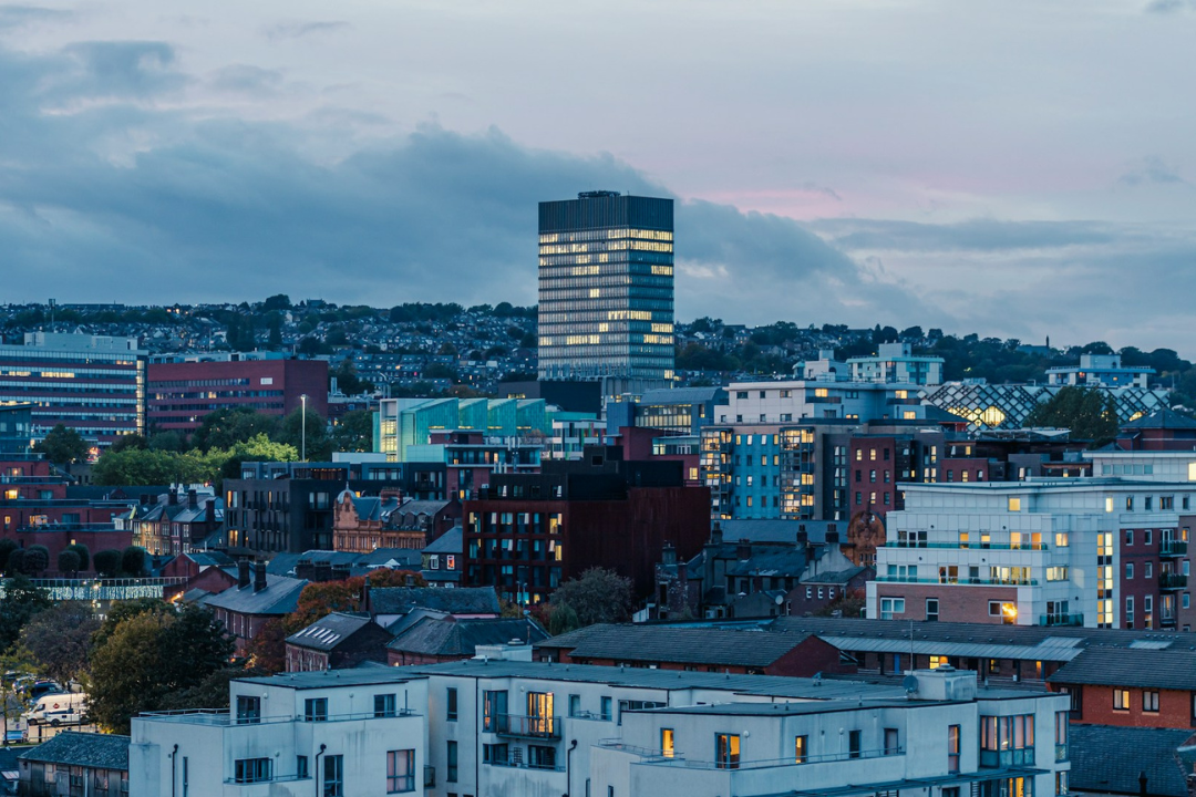 Sheffield city centre skyline at dusk