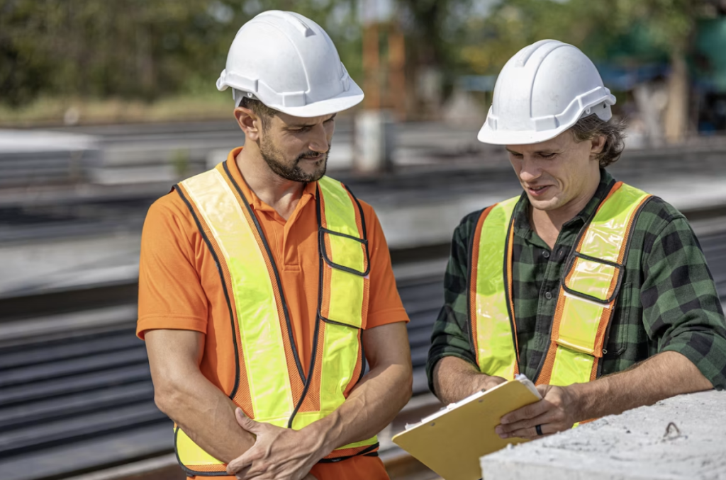 Two contractors discussing work on site in PPE